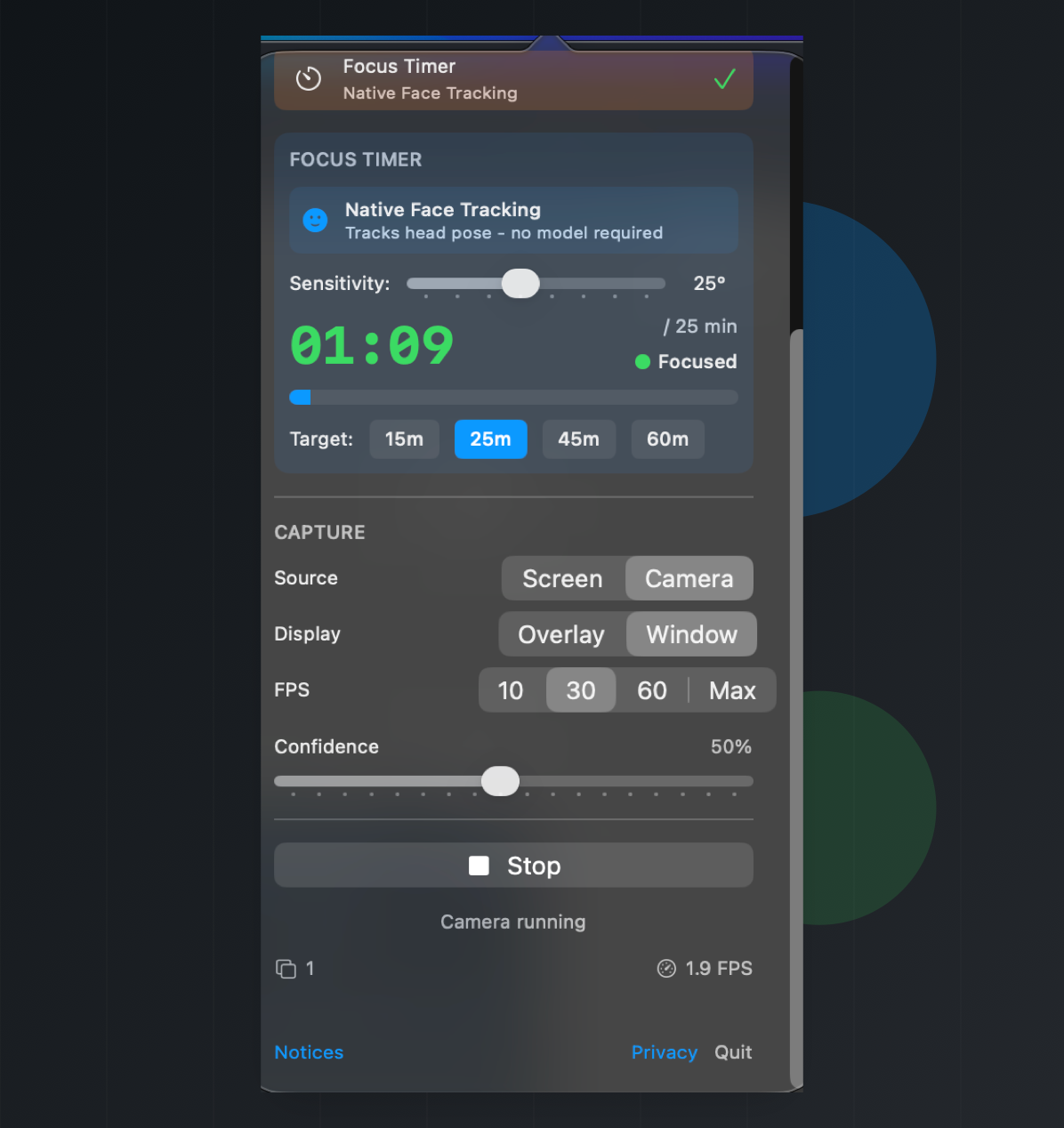 Mac Vision Tools focus timer panel